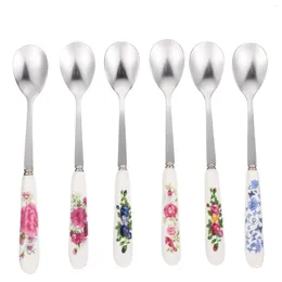 Spoons 6 Pcs Ceramic Handle Mixing Spoon Child Retro Decor Long Teaspoons Coffee Stirring Wooden For Honey