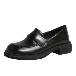 Dress Shoes Microfiber Women Loafers SmallHut 2023 Spring Black Brown Round Toe Low Square Heel Elegant Sewing Buckle Ladies