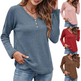Women's Blouses Winter Button V Neck Henley Shirts Tee Casual Long Sleeves Knitted Tunics Loose Fitting Tees Autumn Elegant Female