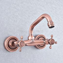 Bathroom Sink Faucets Antique Red Copper Brass Wall Mounted Double Cross Handles Kitchen Faucet Mixer Tap Swivel Spout Tsf856