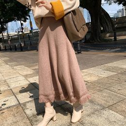 Skirts Knitted Long Skirt Women's High Waist Tassels Fashion Solid Vintage Women's Elegant Full Matching Casual Street Clothing Line Thickened 230403