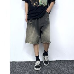 Men's Shorts Vintage nickel jeans tie dye raw hem shorts hip hop men's loose denim shorts straight pants men's high street bottom 230403