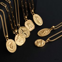 Jewellery Greek Amulet Medallion 18K Gold Stainless Steel Animal Sword Wolf Lion Compass Jesus Coin Charm Pendant Necklace For Men
