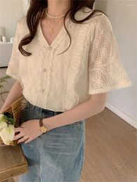 Women's Blouses Alien Kitty S-XL Women Work Wear Shirts V-Neck Summer Office Lady Lace Gentle 2023 Flowers Chic Slim Daily Short Sleeve