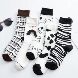 Women Socks 1 Pair Cartoon Cute Womens Cotton Cow Zebra Dog Cross Stripes Houndstooth Fingers Portrait Illustration Happy Funny