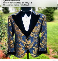 Men's Suits Latest Coat Pant Designs 2023 Navy Blue And Gold Jacquard Velvet Lapel 3 Piece Tuxedo Men Groom Suit Man Wedding Blazer