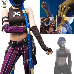 New Game LOL Arcane Costume with Tattoo Stickers Suede Outfits Halloween Carnival Suit Jinx Cosplay 100CM Blue Wig cosplay