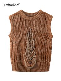 Women's Vests Metal Chain Waist Sleeveless Hollow Personalised Knitted Top Autumn Drawn Sweater Retro Women's Tank Top C-087 230403