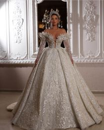 Exquisite Ball Gown Wedding Dresses Long Sleeves V Neck 3D Lace Sequins Appliques Ruffles Bridal Gowns Diamonds Formal Dress Plus Size Custom Made Vestido de novia
