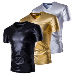 Men's T Shirts Short Sleeve Shirt Tops Tees V Neck Summer Men Slim T-shirt Casual Shining Solid Color Male Streetwear