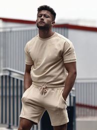 Men's Tracksuits Men's Casual Set Solid Colour O Neck Short-sleeved T-Shirt Shorts Set for Men Casual Streetwear Loose Sweatshirt Two Piece Set 230403