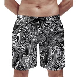 Men's Shorts Black And White Liquid Board Summer Abstract Marble Print Surfing Beach Short Pants Men Fast Dry Casual Trunks