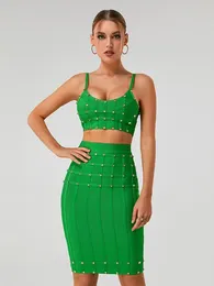 Two Piece Dress BEVENCCEL 2023 Summer Women's Blue Green White Black 4-color Riveted Sexy Tight Bandage Short Top With Skirt Set
