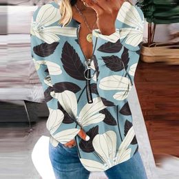 Women's T Shirts Floral Feather Print Shirt Autumn Long Sleeve Loose Half Zip Ladies Fashion Spring Outdoor Wear 2023 Top