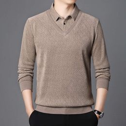 Winter New Fake Two Piece Knitted Shirt For Middle Old Men Plush And Thick Sweater Square Neck Warm Coat Dad's Jacquard