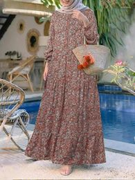 Ethnic Clothing Fashion Floral Print Muslim Dress Women Casual Loose Ruffle Abaya Sundress Kaftan Robe Femme Vintage Maxi Vestidos