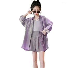 Clothing Sets Young Girls Sun-Proof Cool Fashion Solid Colour Kids Summer Thin Loose Shirt Vest Shorts 3Pcs Korea Casual Outfits