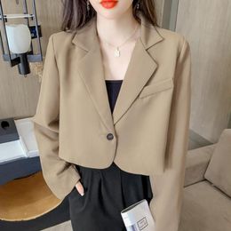 Women's Suits Blazers Lucyever Korean Cropped Blazers Women Solid Colour Simple Single-button Outwear Teens All-match Long Sleeve Office Suit Jacket 230403