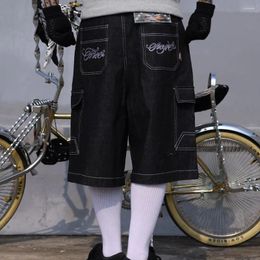 Men's Shorts Hip Hop Summer Embroidery Floral Baggy Over Knee Jeans Vintage Wide Leg Pockets Oversized Denim Five Point Pants