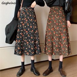 Skirts Corduroy Skirts Women's Autumn/Winter Mid Level Faldas Flower A-line Student Bag Elegant Retro Korean Prep Style Elegant Ins 230403