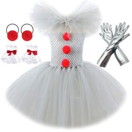 Cosplay Grey Clown Tutu Dress for Girls Carnival Halloween Costume for Kids Girl Joker Cosplay Tulle Outfit Children Party Scary Clothes 230403