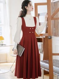 Work Dresses French Style Vintage 2 Piece Set Women Apricot Half High Neck Lantern Sleeve Sweater Red Retro Pleated Dress Elegant Sets