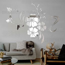 Wall Stickers Mirror Sticker Decorative Room Decoration 3D Long Full Body Wall Adhesive Paper Mural Painting Hibiscus Leaf Flower Petals R076 230403