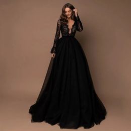 Gothic Black Long Sleeve Evening Formal Dress Sexy Illusion V-neck Lace A-line Christmas Birthday Party Gown Prom Dresses 2024 Robe De Soiree