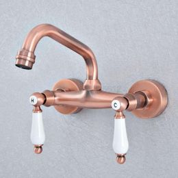 Bathroom Sink Faucets Antique Red Copper Wall Mounted Kitchen Vessel Faucet Dual Ceramic Lever Swivel Spout Basin Taps Tsf900