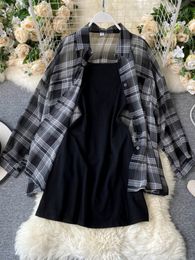 Two Piece Dress LY VAREY LIN Summer Autumn Casual Two Piece Set Long Sleeve Plaid Grey Overcoats Spaghetti Strap Slim Black Solid Dress 230403