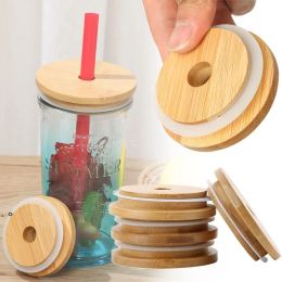 Eco Friendly Reusable Bamboo Wood Lids Wide Mouth Cup Mason Jar Lid With Straw Hole Storage Bottles Covers Caps Seal Ring 1103