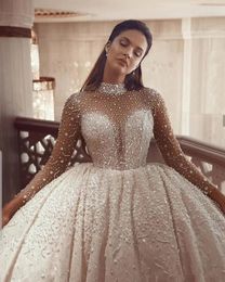 Sparkle Beading Crystals Bridal Gowns Long Sleeves Glitter Wedding Dresses Tulle Illusion Back Elegant A Line Vestidos De Novia