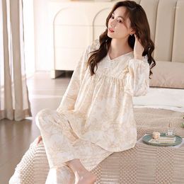 Women's Sleepwear Home Pajamas Suit Cotton For Ladies Long Sleeve Trouser 2 Piece Set Homewear Pyjamas Femme Lounge Wear Pijamas
