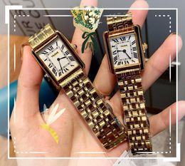 Top Brand Couple Women Lovers Watch Two Pins Design quartz battery super Clock Square Roman Tank Dial Stainless Steel Case Rose Gold Silver Business Wristwatch gifts