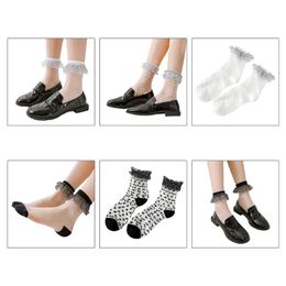 Women Socks & Hosiery Q6PB Lolita Summer Thin Crystal Glass Fibre Ankle Sweet Polka Dot Ruffle Lace Top Harajuku Transparent