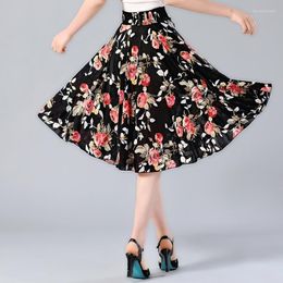 Skirts 2023 Summer Women Chic Floral Printed A-Line Elastic High Waist Skirt Female Knee-Length European Style Big Swing Z146