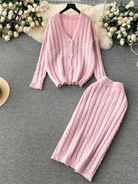 Work Dresses SINGREINY Women Chic Knitted Sets Special Buttons Cardigan Split Bodycon Skirt Winter Fashion Gentle Korean Style Sweater Suits