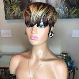 Perivian Hair Short Cut Bob Wigs With Full Bangs Full Lace Front Straight Pixie Wig Ombre Blonde Human Hair Wigs For Black Women