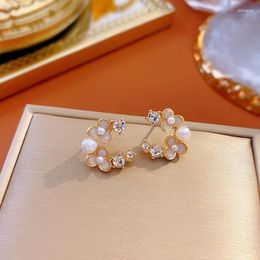 Stud Earrings Charm Female Small White Pearl Wedding Gold Colour Flower For Women Cute Rhinestone Jewellery