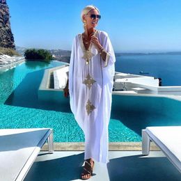 Casual Dresses Bohemian Long White Dress Elegant Women Maxi Robe Summer BeachWear Blouse Embroidered V Neck Holiday Loose VestidosCasual