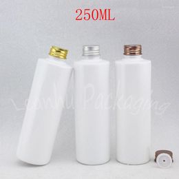 Storage Bottles 250ML White Flat Shoulder Plastic Bottle Aluminium Cap 250CC Shampoo / Lotion Packaging Empty Cosmetic Container