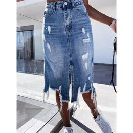 Skirts Summer Denim Women's Sweatshirt Wasit Leisure Temperature Women's Street Clothing Collage Hole Denim A-Line Skiing 230403