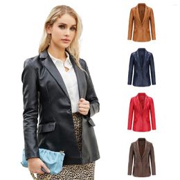 Women's Suits Tesco Basic PU Leather Jacket For Women Autumn Winter Moto Biker Blazer Single Button Office Lady Coat Slim Outwear Mujer