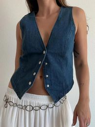 Women's Vests Women Casual Denim Vest V Neck Sleeveless Button Down Jean Waistcoat With Pockets Vintage Crop Top Streetwear