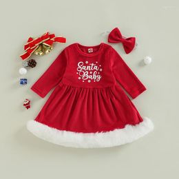 Girl Dresses Kids Christmas Dress Set Fall Winter Long Sleeve Letters Furry Patchwork With Headband 2pcs Suit For Party Year