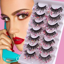 7 Pairs Fluorescent Sequin False Eyelashes Faux 3d Mink Eyelash Dramatic Lashes Extensions Soft Light Fluffy Reusable Cruelty Free Makeup