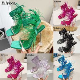 New Design Womens Sandals Fashion Fuzzy Feather Summer Transparent High Heels Sexy Nightclub Stripper Shoes Purple Green 230306