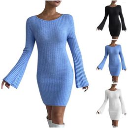 Casual Dresses Elegant Gowns Women's Fashion Backless Solid Flare Sleeves Tight Knitted Double Breasted White Dress Vestido Longo
