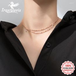 Pendants Trustdavis 925 Sterling Silver Trend Sequins Double Layer Chain CZ Short Clavicle Necklace For Women Wedding Jewelry DA962