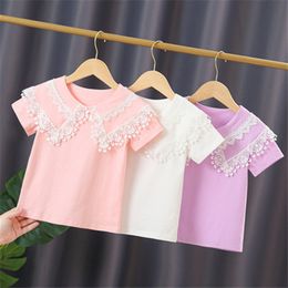 Kids Shirts Children Summer T-Shirt School Girls White Blouse Short Sleeve Cotton Tops Tee Girl Lace Shirt Kids T Shirt 3-13 Years 230403